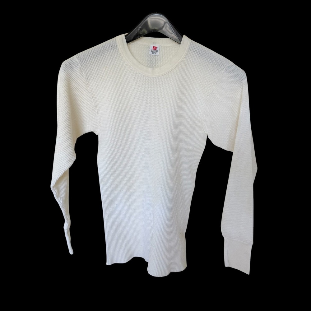 80's Hanes Waffle Knit Thermal Shirt Long Sleeve Crew Neck Cream Size M